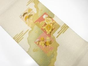 アンティーク　綴れ　道長取りに笠松・牡丹模様刺繍袋帯（材料）